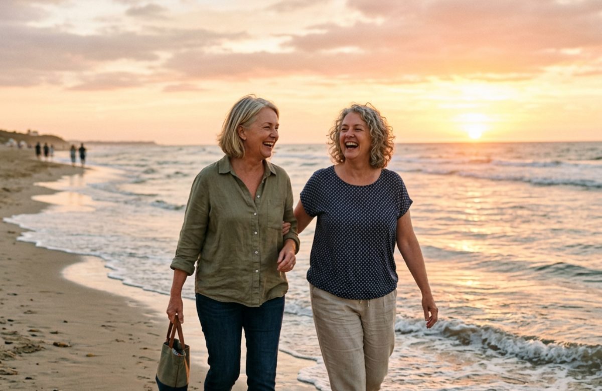 Two women walking on the beach at sunset