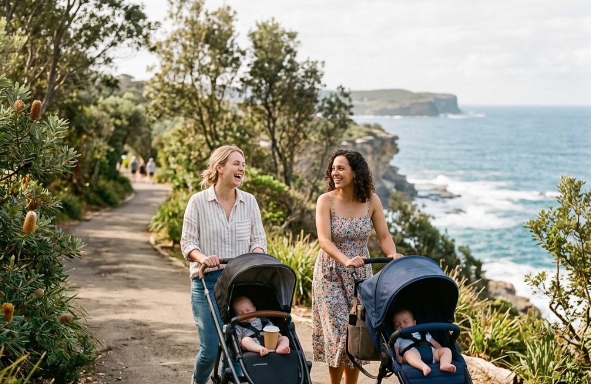Two mums walking with prams on a coastal path